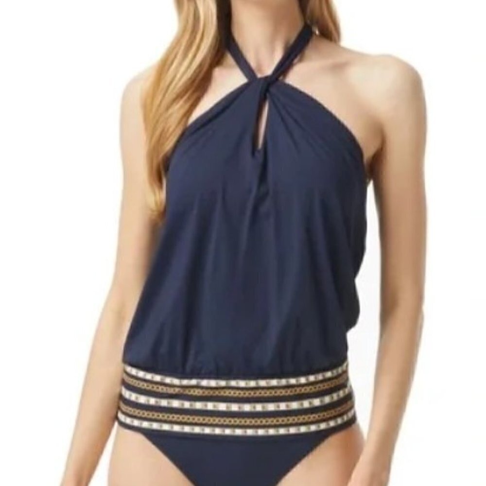 Michael Kors Size Small Navy Blue Tankini Twist Neck With Chain Border NWT